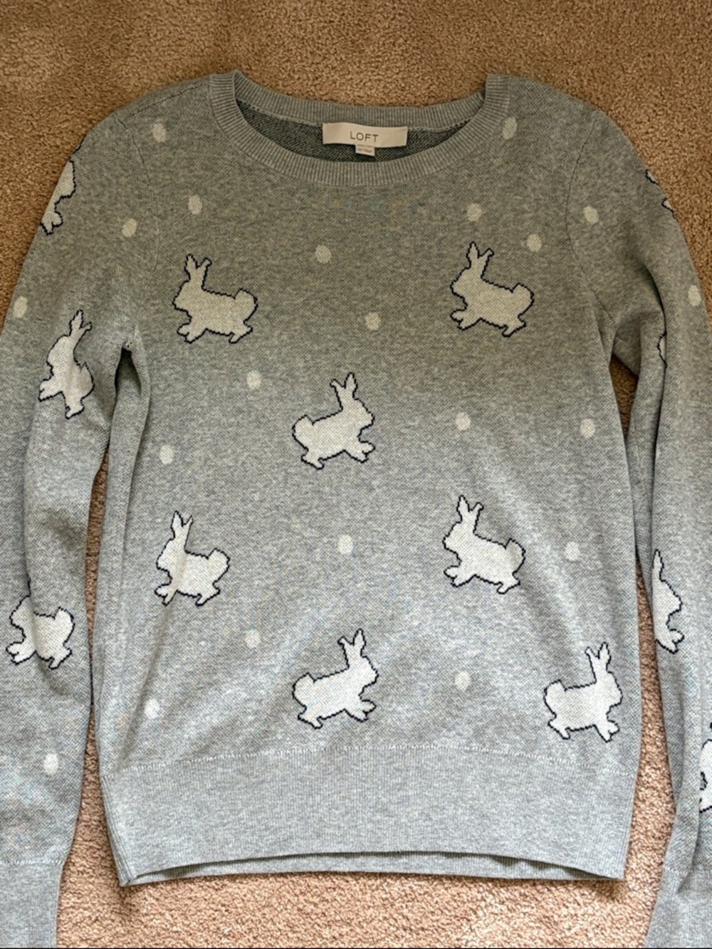 LOFT Gray Crewneck Sweater with White Bunny Motif